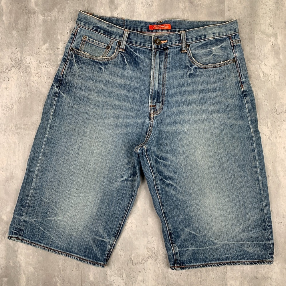 Vintage Ed Hardy Jean Shorts Mens 36 Blue Denim Baggy Embroidered Logo Y2K